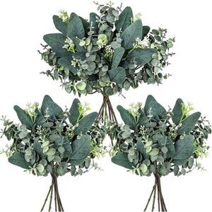 20 Pcs Mixed Artificial Oval Eucalyptus Leaves Bulk with White Seeds Stems